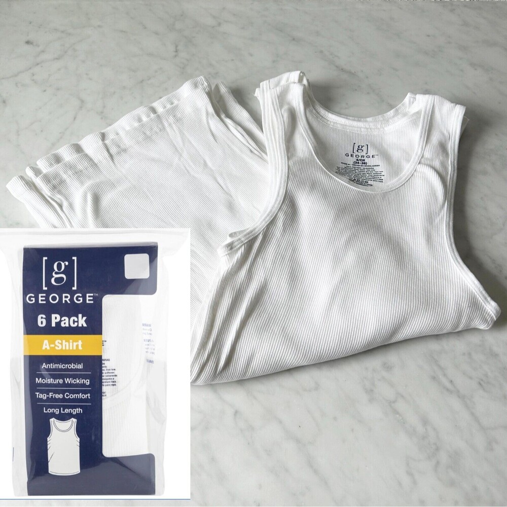 George A-Shirt T-Shirts 6-Pack White Cotton Tank Undershirts - Men's S/CH 34-36